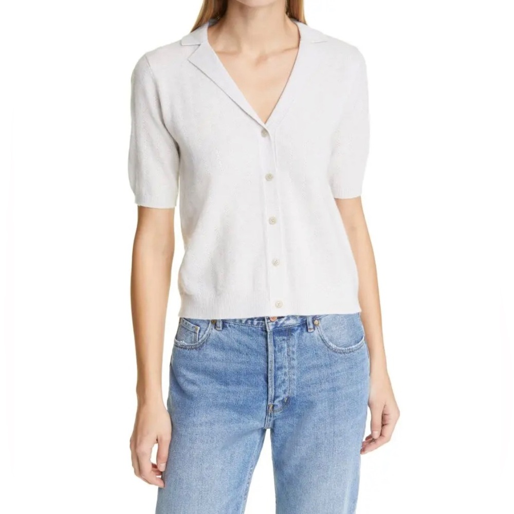 NWT Club Monaco 100% Cashmere Chalk Heather Short Sleeve Full Button Sweater
